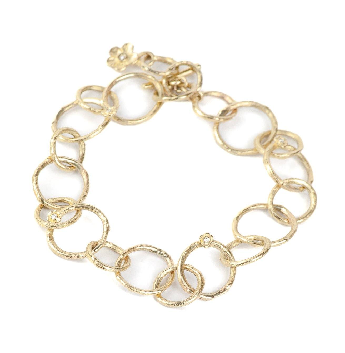 Gold Chain Link Bracelet with Diamond Flowers