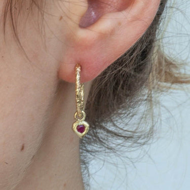 Heart Charm Hoop Earrings With Rubies in 9ct Gold by Amulette Jewellery UK