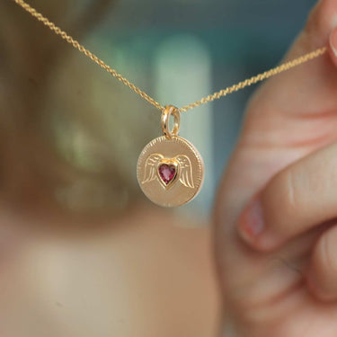Ruby Heart Gold Angel Wing Coin Necklace