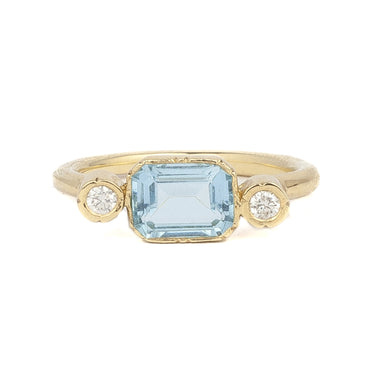 Aquamarine and diamond ring in 18ct gold with three stones by Designer Amulette Jewellery