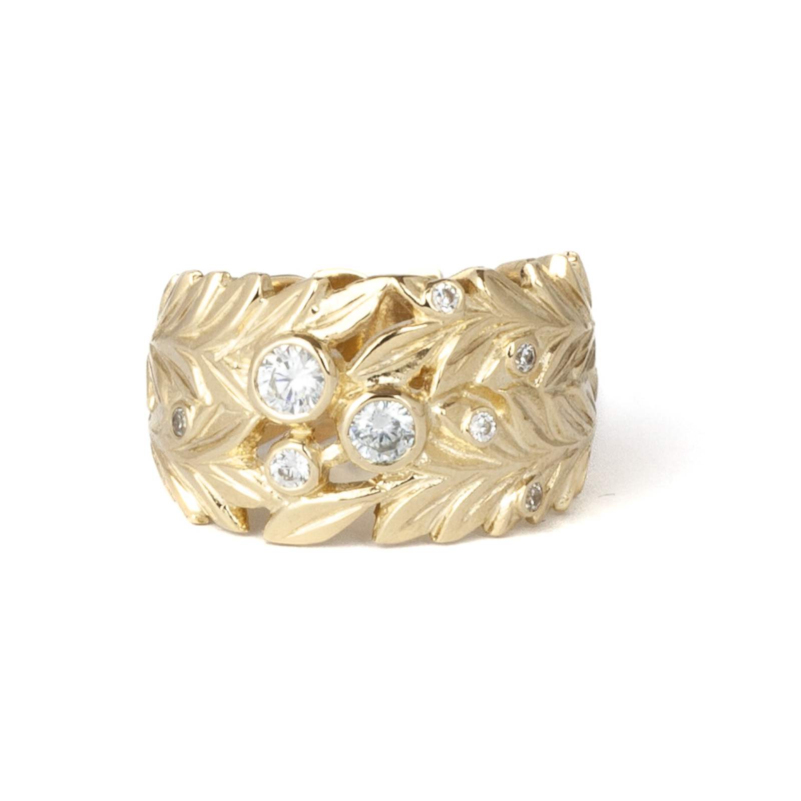 Wide Band Diamond Ring With Laurel Leaves