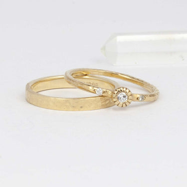 Dainty Solitaire Diamond Ring with matching wedding band in recycled gold