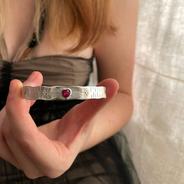 Sterling Silver Cuff Bracelet With Ruby Heart